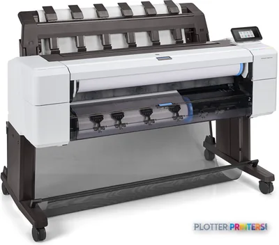HP DesignJet T1600dr 36-in PostScript Printer front-right view showing white printer body with dark gray stand and visible i…