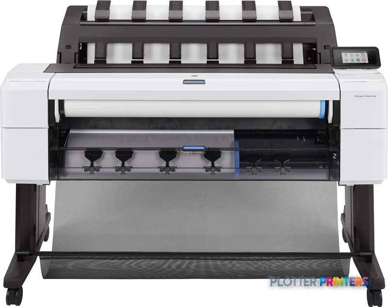 HP DesignJet T1600dr 36-in PostScript Printer front-center view showing white printer body with dark gray ink cartridge asse…