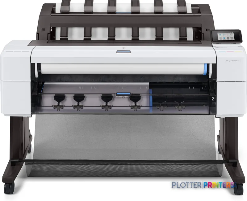 HP DesignJet T1600dr 36-in PostScript Printer front view showing white printer body with dark gray accents and paper roll lo…