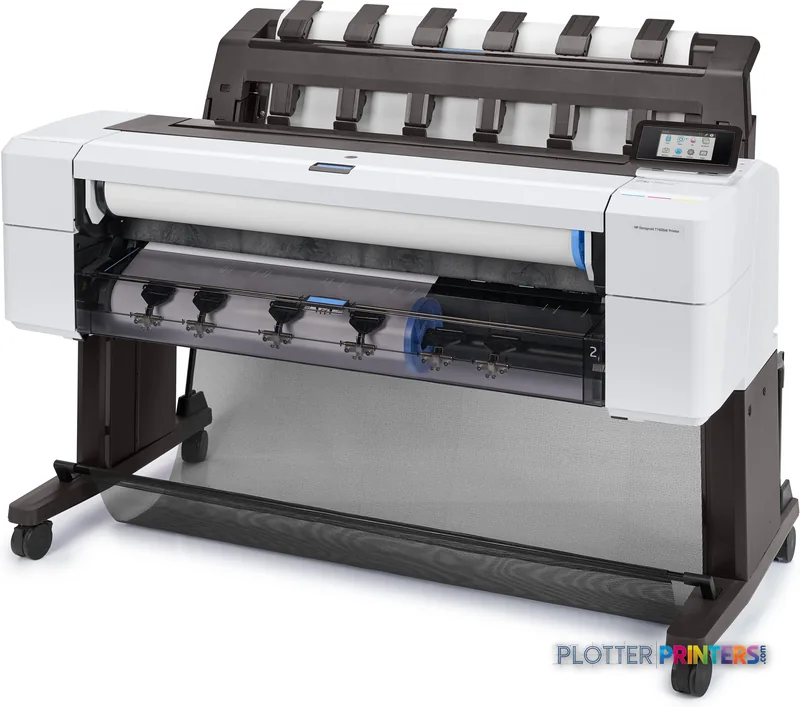 HP DesignJet T1600dr 36-in PostScript Printer front-left view showing white printer body with dark roll feed system and cont…