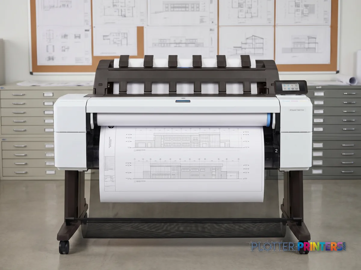 HP DesignJet T1600dr 36-in PostScript Printer in a plan room beside flat-file drawers, printing a CAD elevation (staged scene from manufacturer product photography)