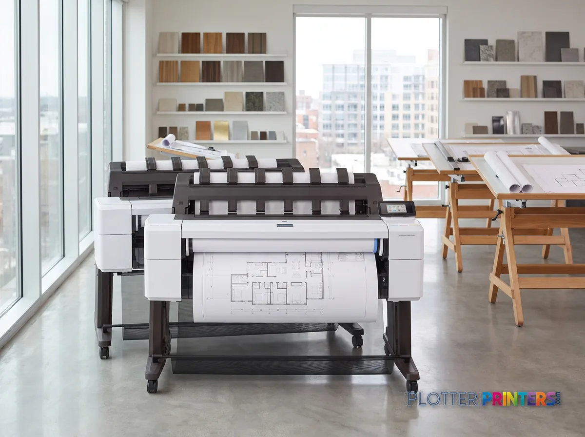 HP DesignJet T1600dr 36-in PostScript Printer in a bright architecture studio, printing a large floor plan (staged scene from manufacturer product photography)