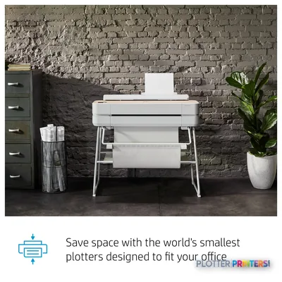 HP DesignJet Studio 24-in Printer in white on stand with paper roll loaded, shown in modern office setting