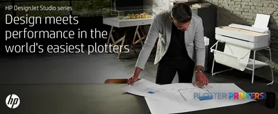 HP DesignJet Studio 24-in Printer product image showing a man reviewing large-format prints at a desk
