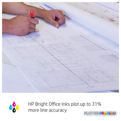HP DesignJet Studio 24-in Printer product image showing hands reviewing large-format architectural blueprints