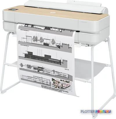 HP DesignJet Studio 24-in Printer product image showing white printer with wood top surface and architectural drawings displ…