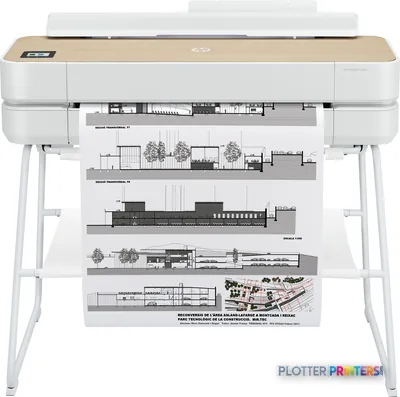 HP DesignJet Studio 24-in Printer product image showing white printer on stand with architectural drawings output