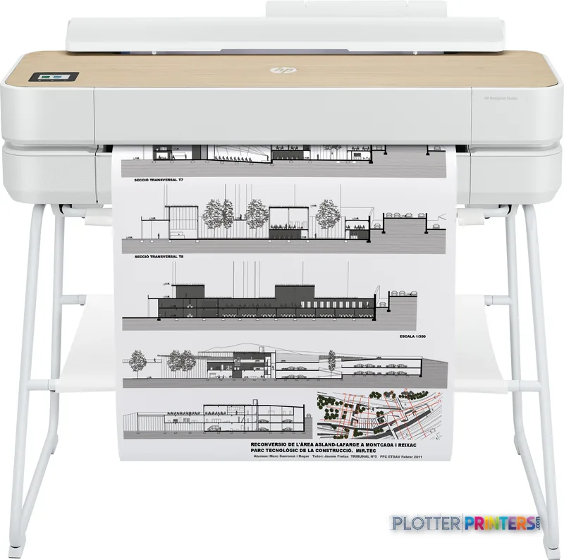 HP DesignJet Studio 24-in Printer product image showing white printer on stand with architectural drawings output