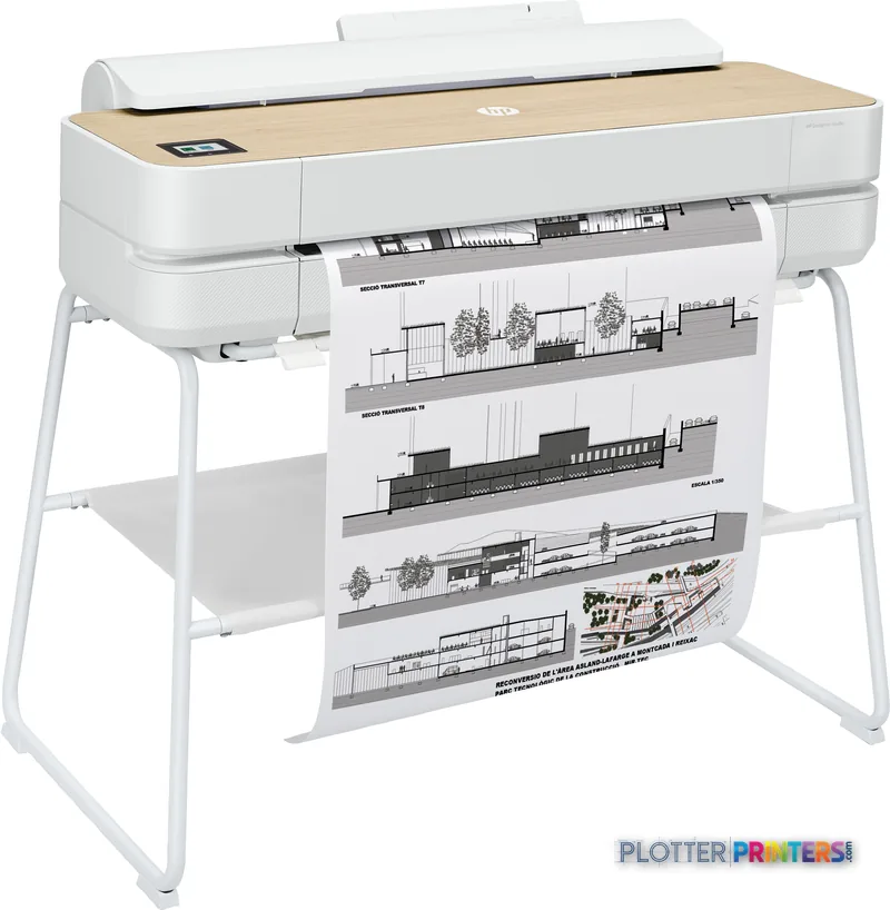 HP DesignJet Studio 24-in Printer product image showing white printer on stand with architectural drawings