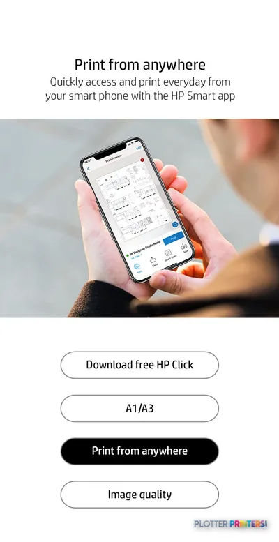HP DesignJet Studio Steel 24-in Printer feature callout showing HP Smart app on smartphone for remote printing