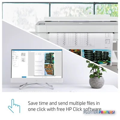 HP DesignJet Studio Steel 24-in Printer with feature callout showing HP Click software interface on monitor