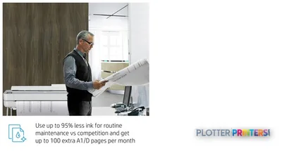 HP DesignJet Studio Steel 24-in Printer product view with man examining large-format printout