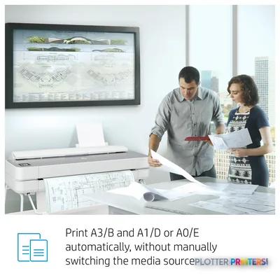 HP DesignJet Studio Steel 24-in Printer product feature callout showing white printer with architectural drawings being revi…