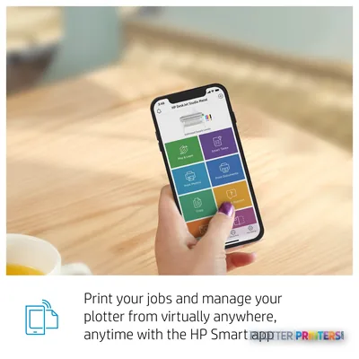 HP DesignJet Studio Steel 24-in Printer mobile app interface shown on smartphone screen with feature callouts