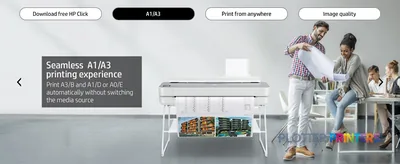 HP DesignJet Studio Steel 24-in Printer with annotated feature callout showing seamless A1/A3 printing capability in an offi…