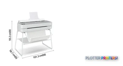 HP DesignJet Studio Steel 24-in Printer annotated product view showing white printer on stand with dimension callouts