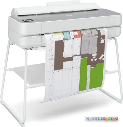 HP DesignJet Studio Steel 24-in Printer product image showing white printer on stand with architectural drawings loaded