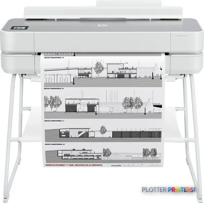 HP DesignJet Studio Steel 24-in Printer product image showing white printer on stand with architectural drawings