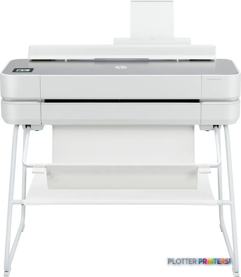 HP DesignJet Studio Steel 24-in Printer product image showing white printer on stand with paper output tray