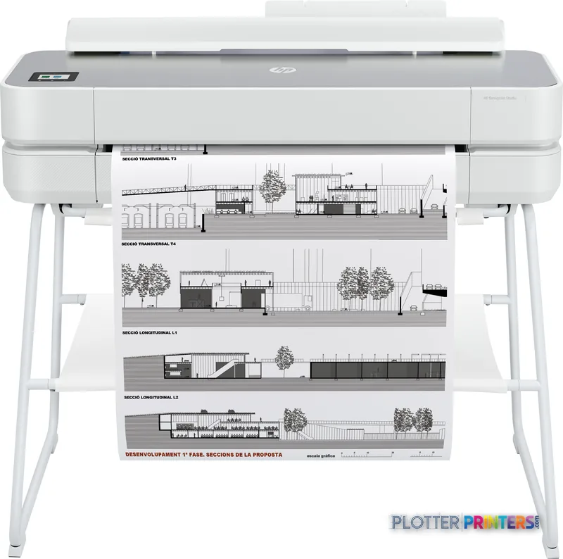 HP DesignJet Studio Steel 24-in Printer product image showing white printer on stand with architectural drawings