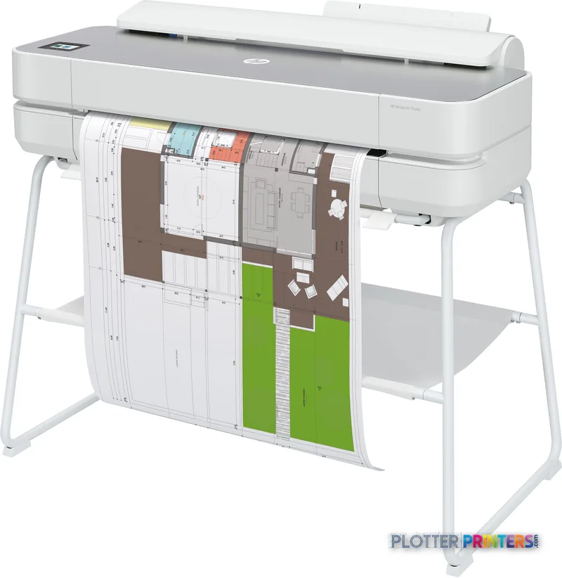 HP DesignJet Studio Steel 24-in Printer product image showing white printer with architectural drawings output
