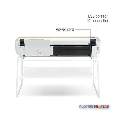 HP DesignJet Studio 36-in Printer annotated view showing USB port and power cord connections