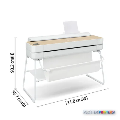 HP DesignJet Studio 36-in Printer annotated view showing dimensions and paper output tray