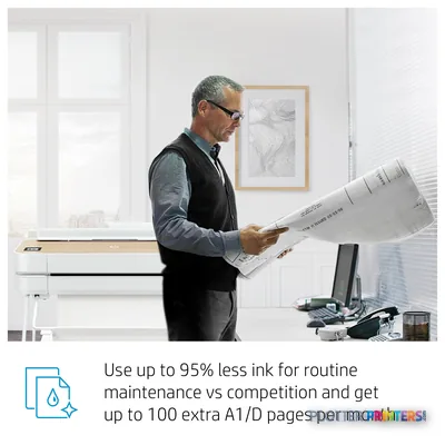 HP DesignJet Studio 36-in Printer product image showing man holding large printed document in office