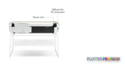 HP DesignJet Studio 36-in Printer annotated view showing USB port, power cord, and connectivity features