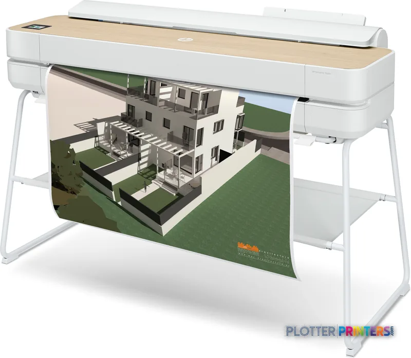 HP DesignJet Studio 36-in Printer product image showing white printer with architectural rendering output