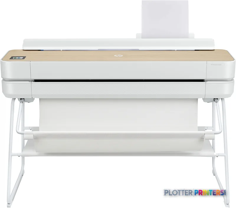 HP DesignJet Studio 36-in Printer product image showing white inkjet printer with wood-tone top panel on stand
