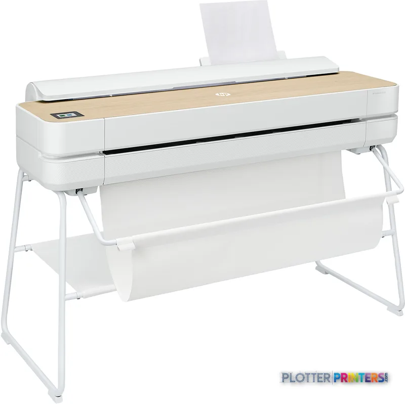 HP DesignJet Studio 36-in Printer product image showing white inkjet printer with wooden top surface and metal stand