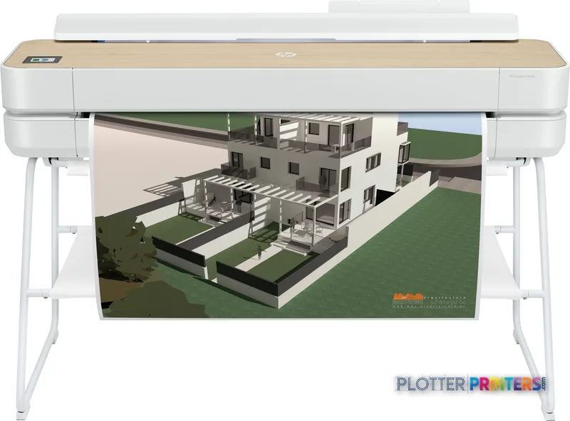 HP DesignJet Studio 36-in Printer product image showing white printer on stand with architectural rendering output