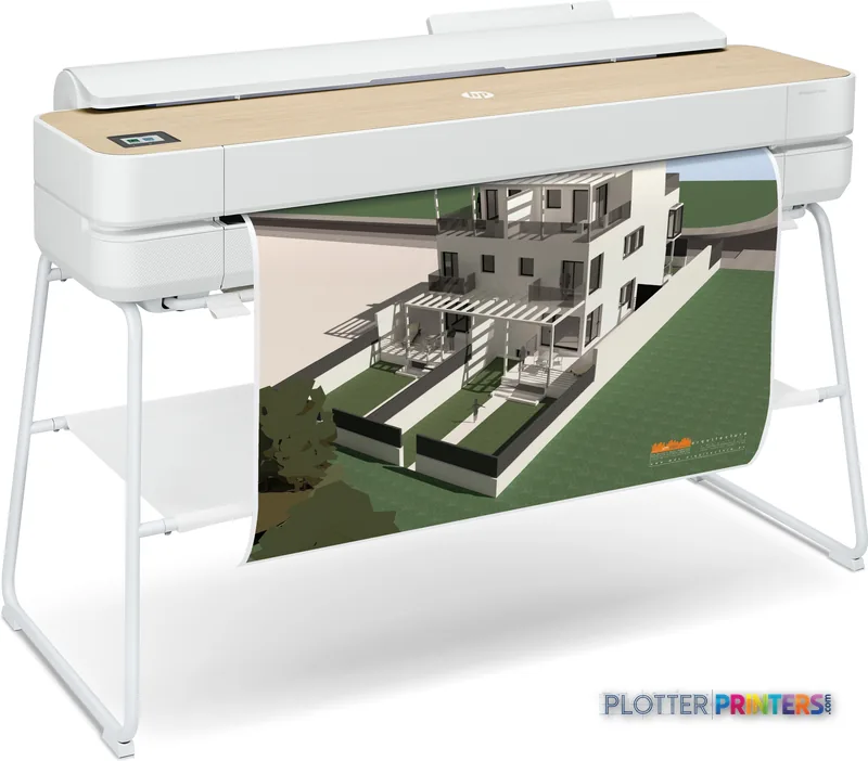 HP DesignJet Studio 36-in Printer product image showing white printer on stand with architectural rendering output