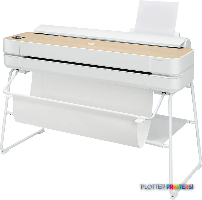 HP DesignJet Studio 36-in Printer product image showing white printer with wood-tone top on stand with paper rolls