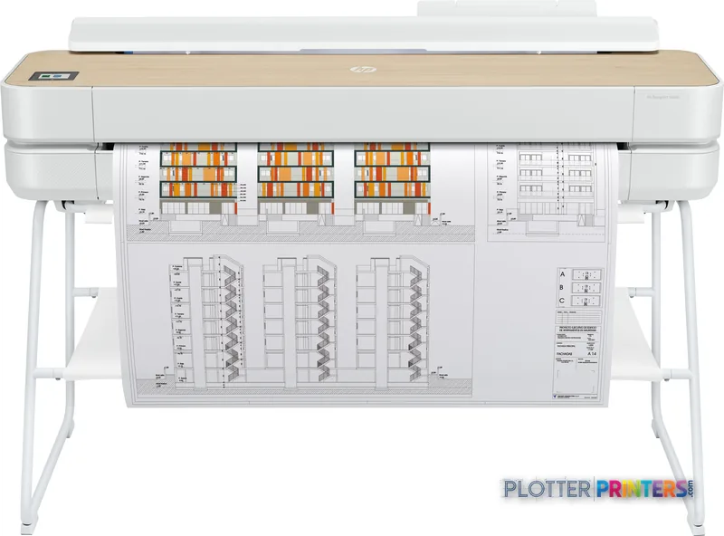 HP DesignJet Studio 36-in Printer product image showing white printer with architectural drawings printed