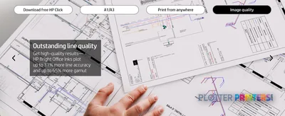 HP DesignJet Studio Steel 36-in Printer with annotated features showing architectural blueprints and hand demonstrating line…