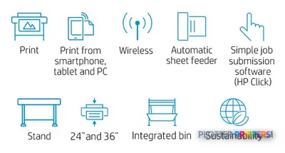 HP DesignJet Studio Steel 36-in Printer feature callout showing print, wireless, automatic sheet feeder, and software capabi…