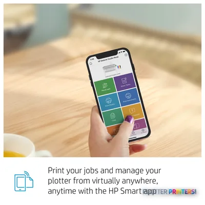 HP DesignJet Studio Steel 36-in Printer mobile app interface shown on smartphone screen with colorful menu options