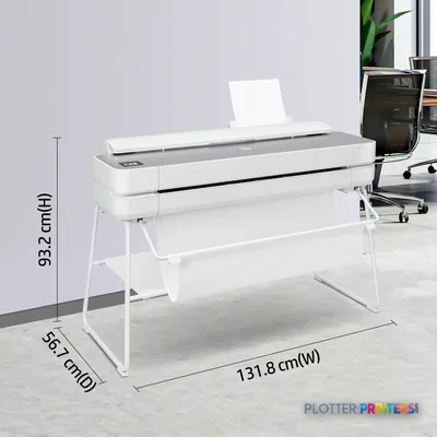 HP DesignJet Studio Steel 36-in Printer annotated view showing white printer with dimensions labeled on white stand in offic…