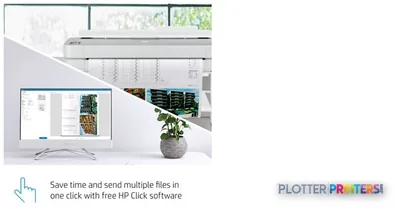 HP DesignJet Studio Steel 36-in Printer with feature callout showing software interface on monitor