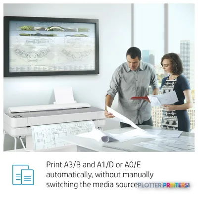 HP DesignJet Studio Steel 36-in Printer feature callout showing white printer with architectural drawings being reviewed by…