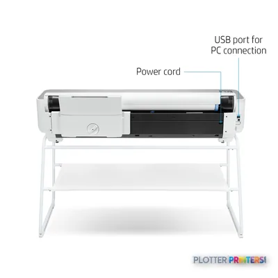 HP DesignJet Studio Steel 36-in Printer annotated view showing USB port and power cord connections