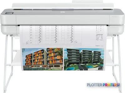 HP DesignJet Studio Steel 36-in Printer product image showing white printer on stand with architectural renderings printing