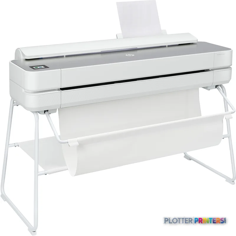 HP DesignJet Studio Steel 36-in Printer product image showing white printer with paper output tray and stand
