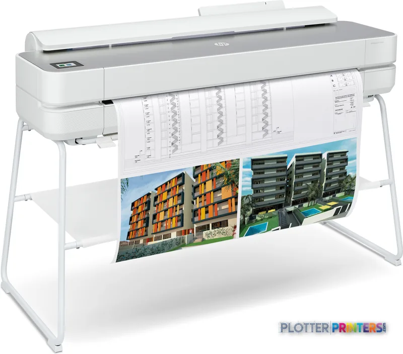 HP DesignJet Studio Steel 36-in Printer product image showing white printer with architectural prints output