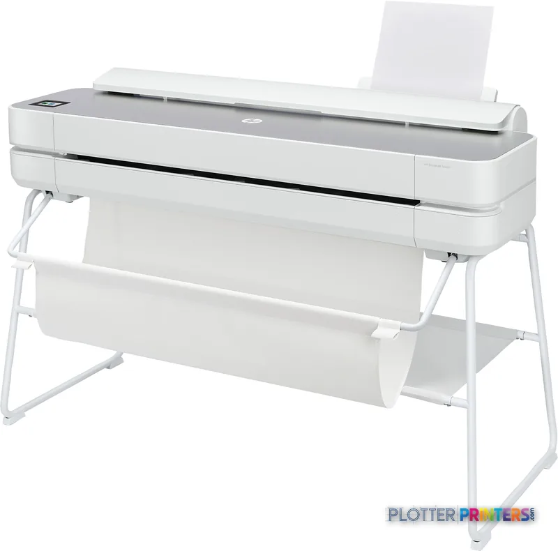 HP DesignJet Studio Steel 36-in Printer product view showing white printer on stand with paper output