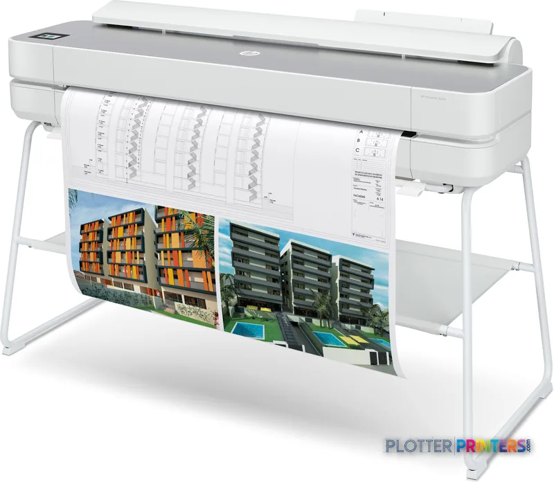 HP DesignJet Studio Steel 36-in Printer product image showing white printer with architectural renderings printing