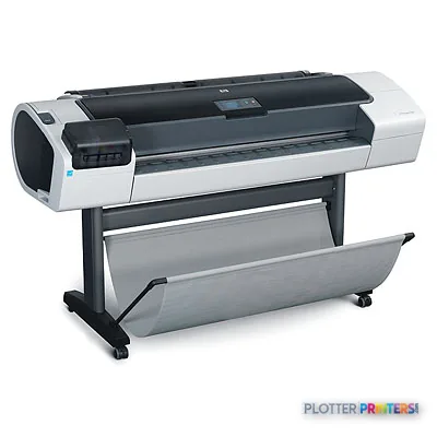HP Designjet T1200 large format printer shown from the side with roll feed stand