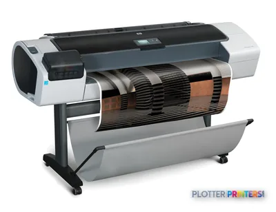 HP Designjet T1200 large-format printer product image showing white and gray printer with roll feed system and control panel